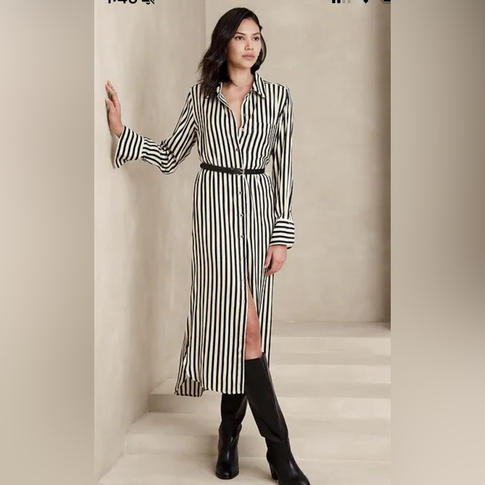 Banana Republic Striped Black and Cream Satin Maxi Dress